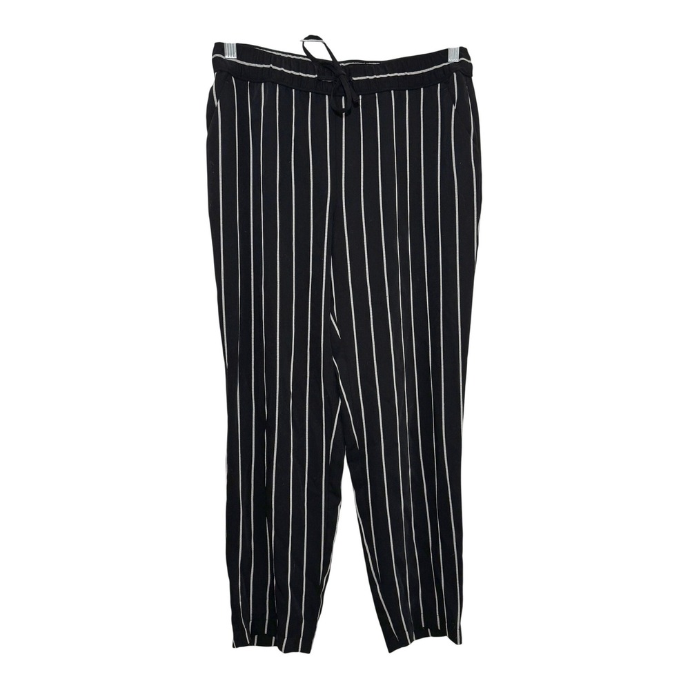 Loft Womens Small Black White Vertical‎ Striped Pull On Drawstring Tapered Pants